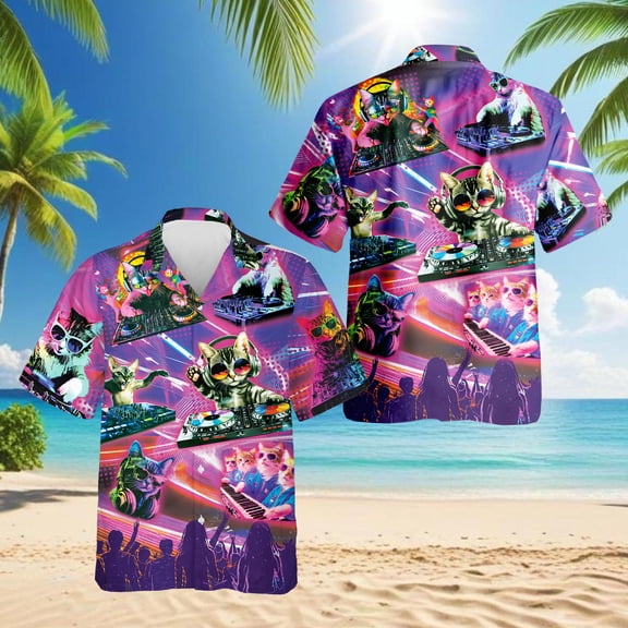 DJ Cat Cool Neon Hawaiian Shirt for Men, Funny Style, Button Down Summer Beach Short Sleeve, S-5XL