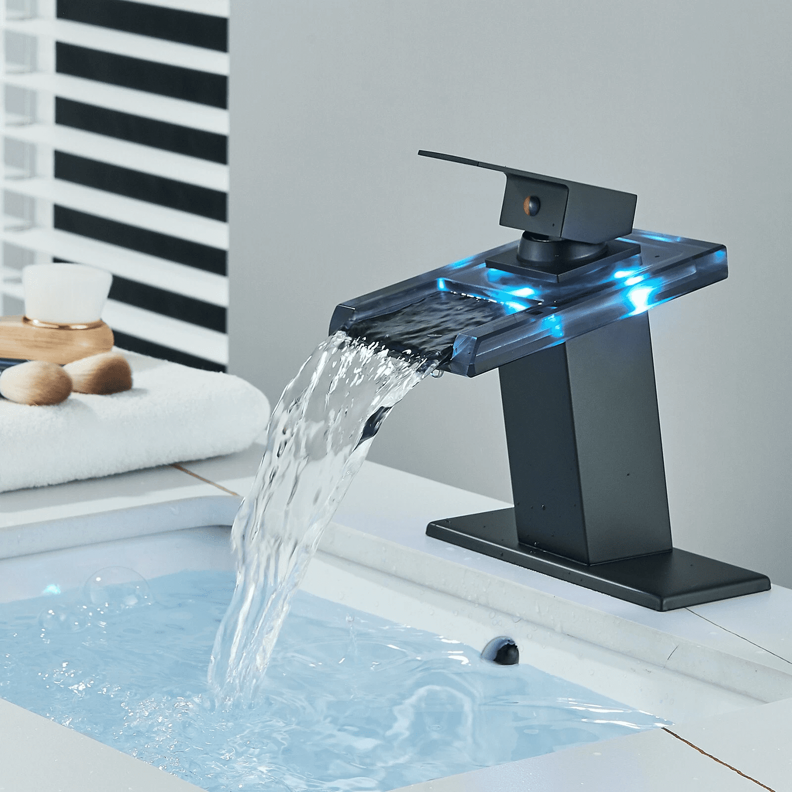 Zovajonia LED Bathroom Sink Faucet, Matte Black Waterfall Single-Handle Vanity Faucets for Sinks 1 Hole with  2 Water Supply Lines Open Glass Spout
