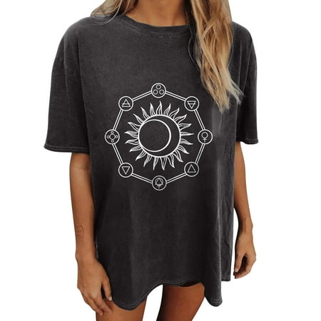 

YFPWM Women Tops Casual Fringe Top Flowy Tops Basic Tops Scrub Tops Summer Tops Halter Tops Polo Shirts Vintage Drop Sleeve Skull Sun Moon Print Short Sleeve Tops