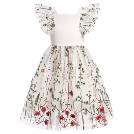 IBTOM CASTLE Kids Girls Birthday Party Sundress Floral Embroidery Backless Princess Tulle Tutu Wedding Pageant Dress 3-4 Years White Floral