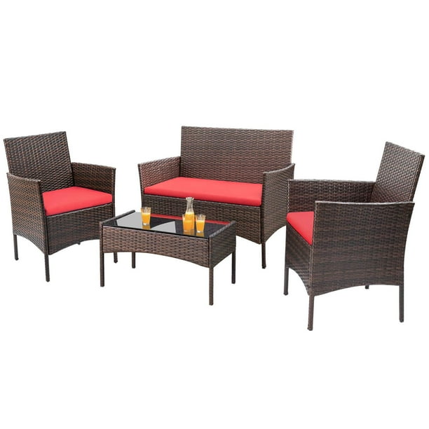Walnew 4 PCS Outdoor Patio Furniture Brown PE Rattan Wicker Table and
