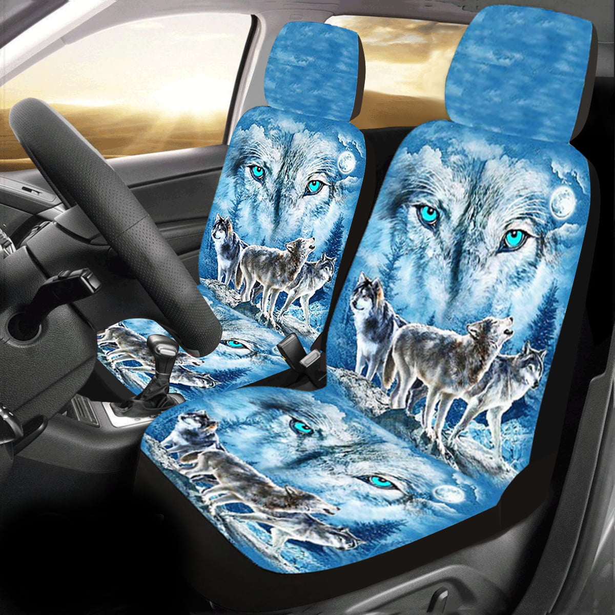 KUIFORTI 2 Pieces Black Wolf Car Seat Covers for Womens Mens,Animal Vehicle Seat Protector,Auto Front Seats Cushion,Fit Sedan SUV Van Truck 