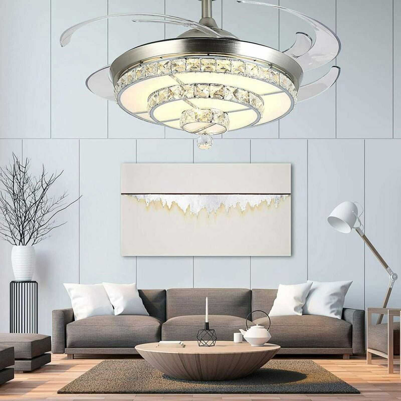 EAYSG 42'' Crystal Ceiling Fans with Lights,3 Color Remote Control Retractable Invisible Blades 3 Speeds Indoor Ceiling Light  with Fan