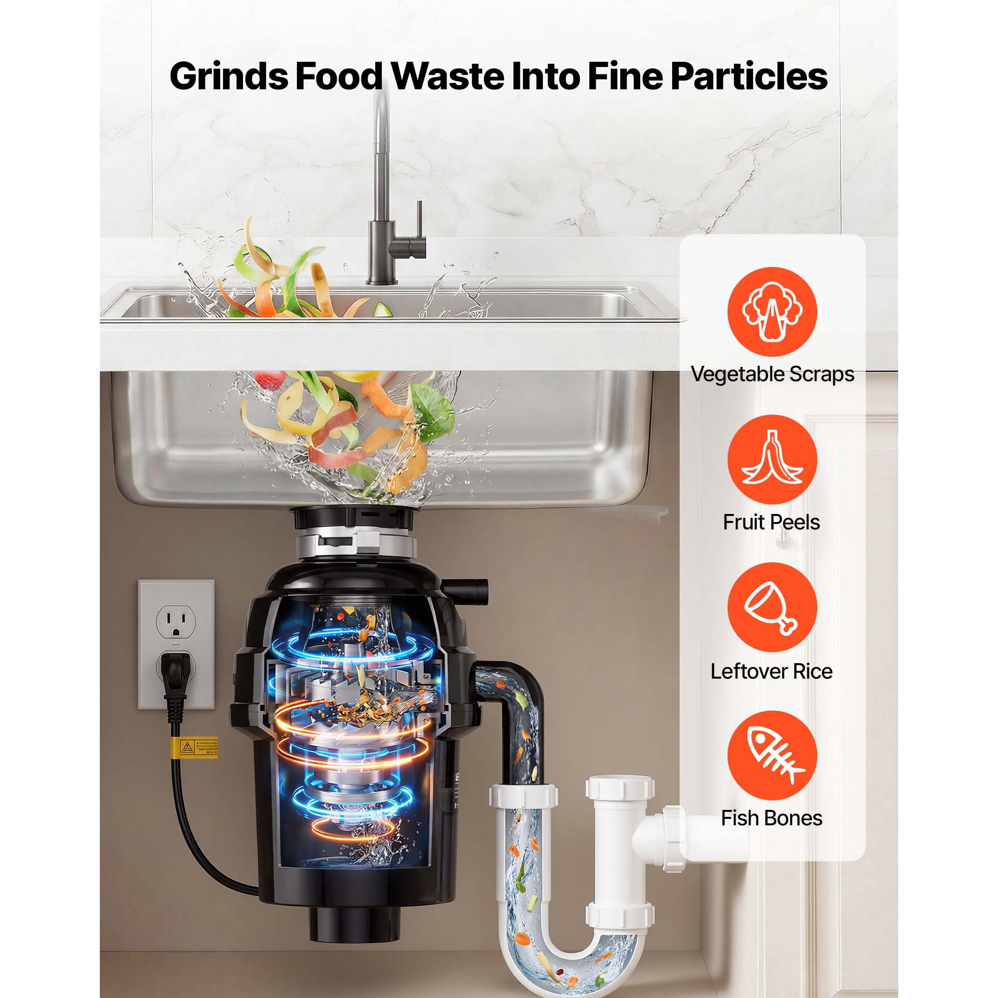 KFFKFF 1HP Food Waste Disposal Unit, 3500RPM DC Motor, Continuous Feed Kitchen Sink Grinder with Noise Reduction & Power Cord for Efficient Waste Management