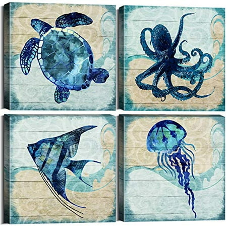 Ocean Life Theme Bathroom Decor Teal Mediterranean Style Home Canvas Wall Art Watercolor Painting Beach Marine Sea Animal Turtle Octopus Print Framed Stretched Pictures Set Of 4 Panels 12 X 12 Inch Walmart Canada
