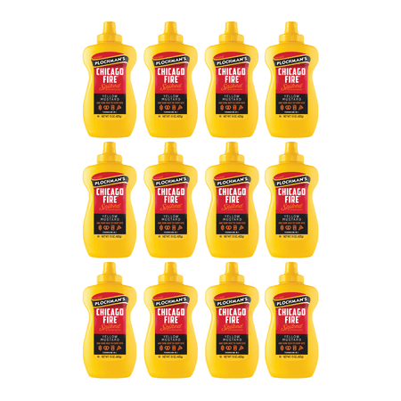 Plochman’s Chicago Fire Yellow Mustard, Spiked with Peppery Hot Sauce, 15 Ounce Bottle, 12-Pack