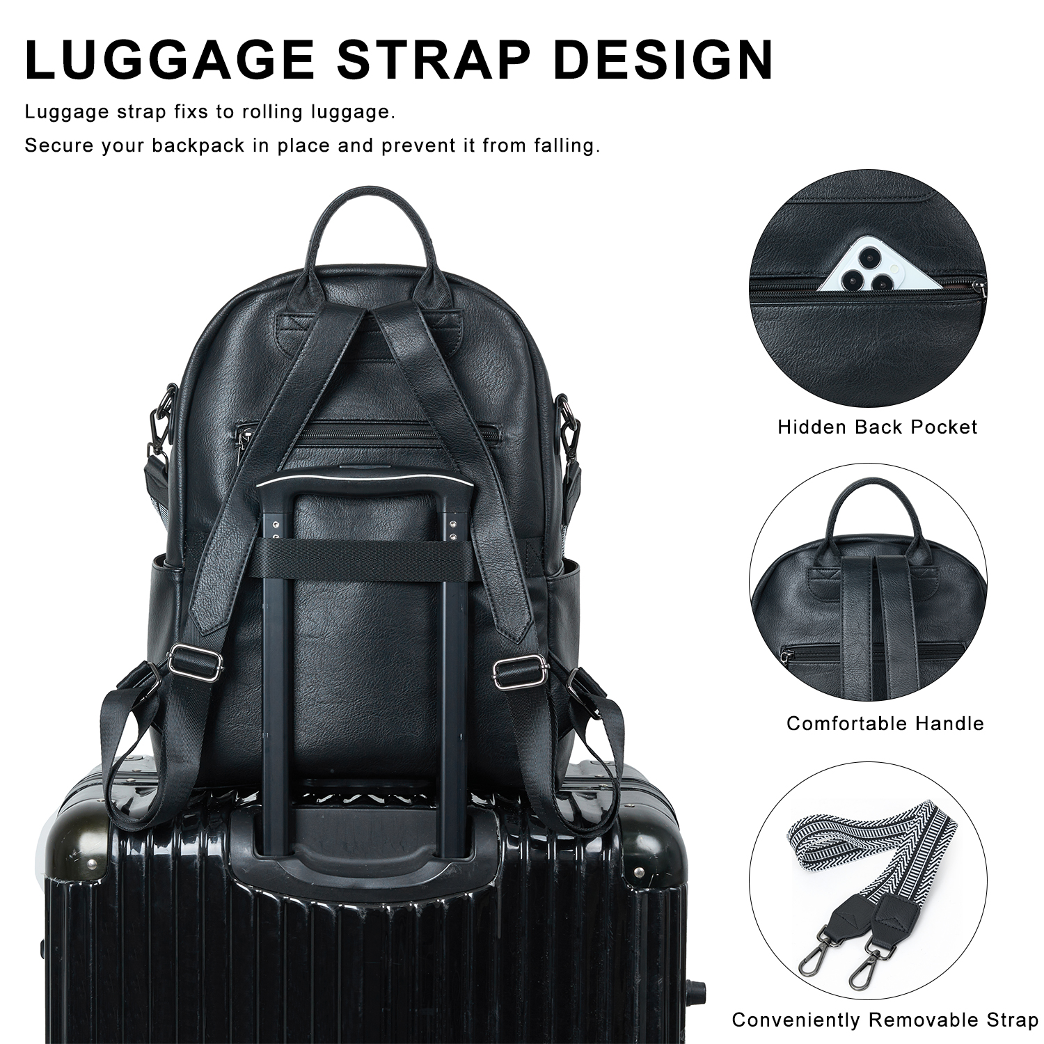 Backpack Purse for Women, Leather Vegan Ladies Fashion Designer Rucksack Convertible Travel Shoulder Bag Teacher College Daypack Work Handbag fits 14" Laptop-Black