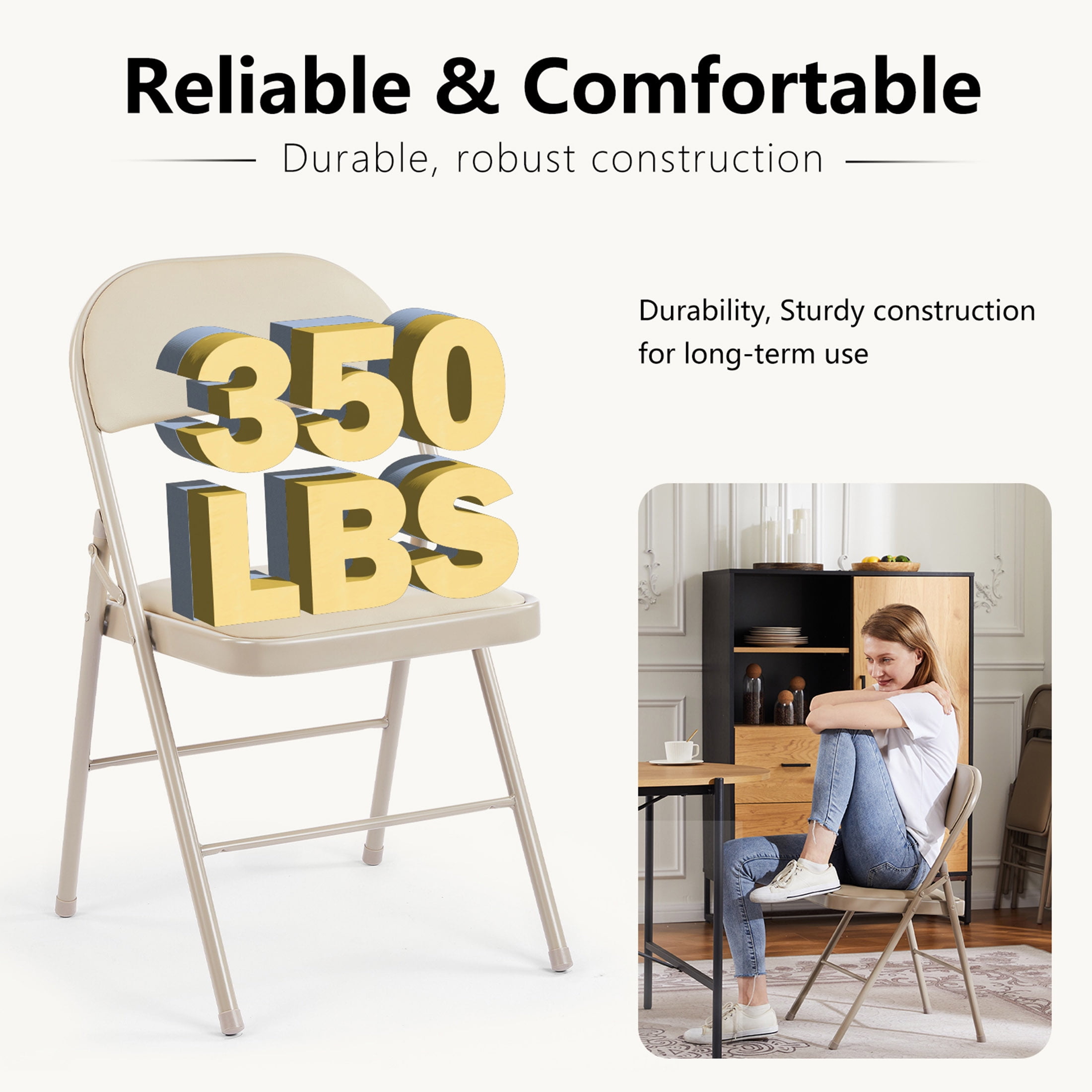 CONCETTA 4 Pack Folding Chair, Indoor Outdoor Portable Stackable Commercial Leather Padded Seat for Home, Office, Party, Kahki