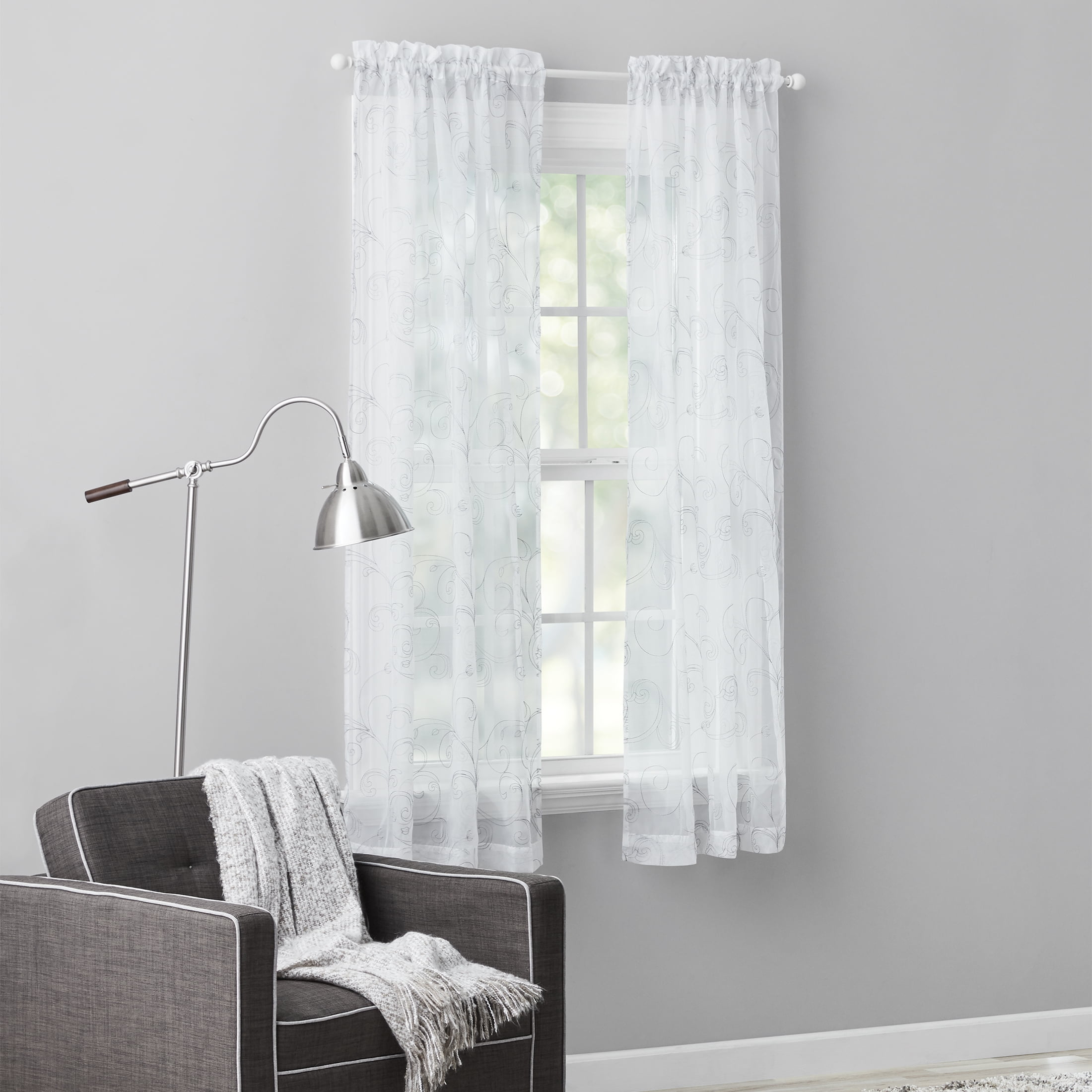 (2 pack) Mainstays Embroidered Scroll Sheer Single Curtain Panel with Rod Pocket, White/Grey, 38 in x 63 in
