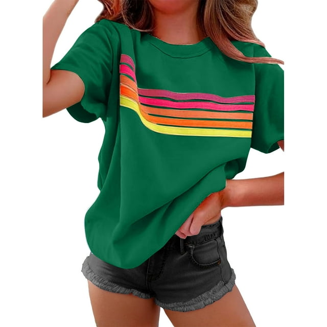 Tnhcen Women's Spring Summer Color-Blocked Striped Crewneck T-Shirt | Basics Plus Size Friendly (S-2XL) Summer Print Tops