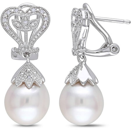 Miabella 10-10.5mm White Rice Freshwater Cultured Pearl and Diamond-Accent Sterling Silver Clip-Back Dangle Earrings