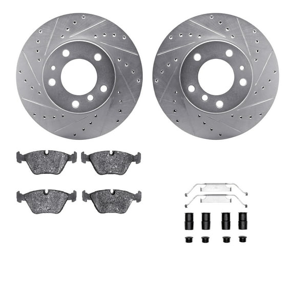 Dynamic Friction Company Front Brake Rotors-Drilled and Slotted-Silver with 5000 Advanced Brake Pads includes Hardware 7512-31022