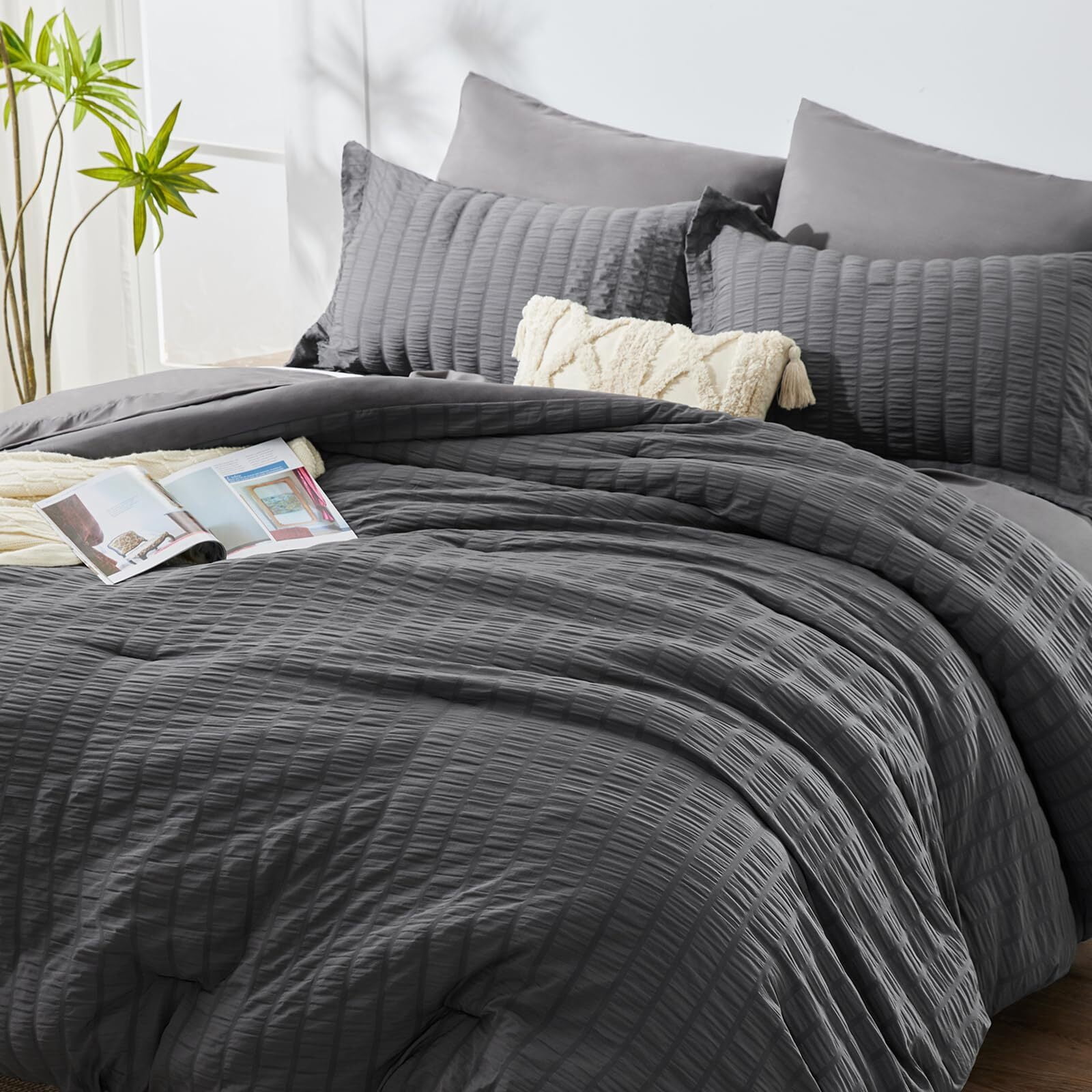 JUSTLET Queen Seersucker Comforter Set with Sheets Dark Grey Bed in a Bag 7-Pieces All Season Bedding Sets with Comforter, Pillow Sham, Flat Sheet, Fitted Sheet, Pillowcase