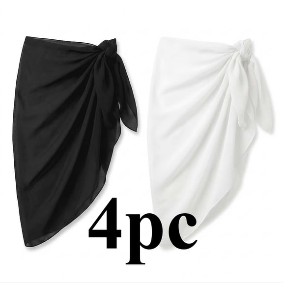 4 Pack Black White Chiffon Beach Sarong Cover Ups for Women, Lightweight Sheer Bikini Wrap Skirt 20 x 71 Inch