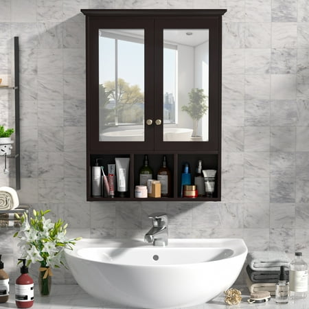 VEIKOUS Medicine Cabinet Wall Mounted Storage with Double Mirror Door and Adjustable Shelves for Bathroom, Brown