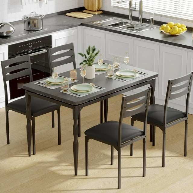 5 Piece Dining Table Set, Industrial Style Dining Table and Chairs Set for 4, Kitchen Table Set for Dining Room Kitchen Apartment, Black