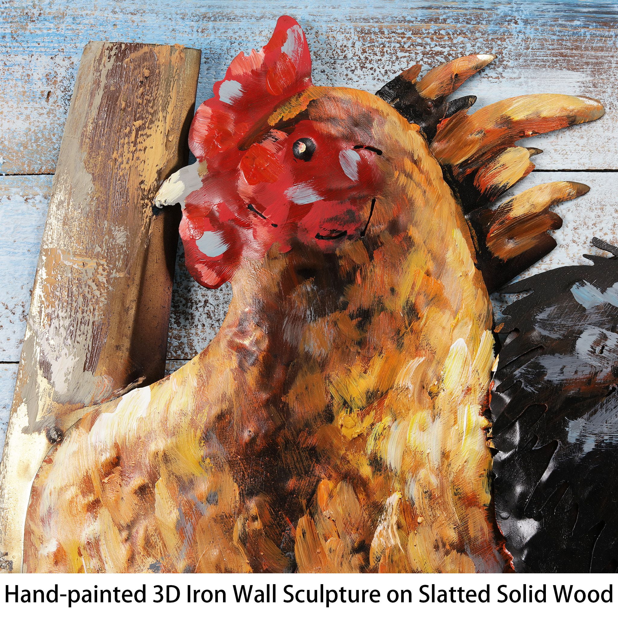 Empire Art Direct Chickens Handed Painted 3D Metal Wall Sculpture on Slatted Solid Wood Wall Art, 60" x 24" x 3.5", Ready to Hang
