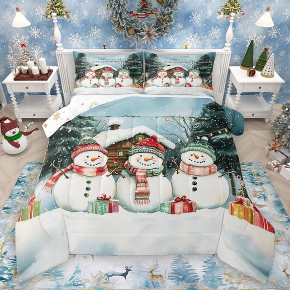 Homewish Kawaii Xmas Snowman 2pcs Bedding Comforter Set for Teens Boys Girls,Merry Christmas Snowflake Twin Comforter Sets,Happy New Year Breathable Bedding Set,Breathable Home Decor,Reversible