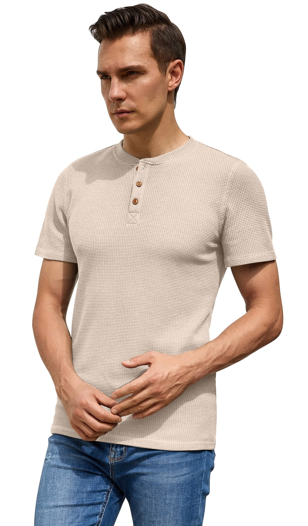 Men's Short Sleeve Waffle Henley T-Shirt Summer Casual Tee For Men