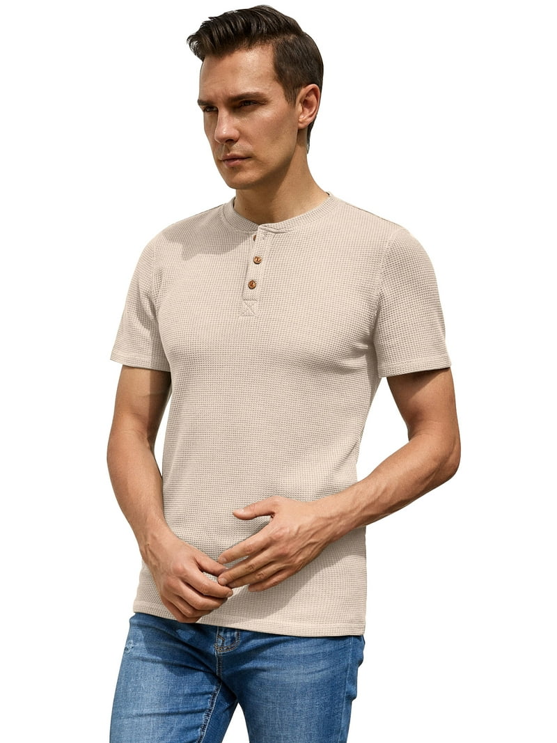 GIRUNS Men's Waffle Henley T-Shirt, Short Sleeve Summer