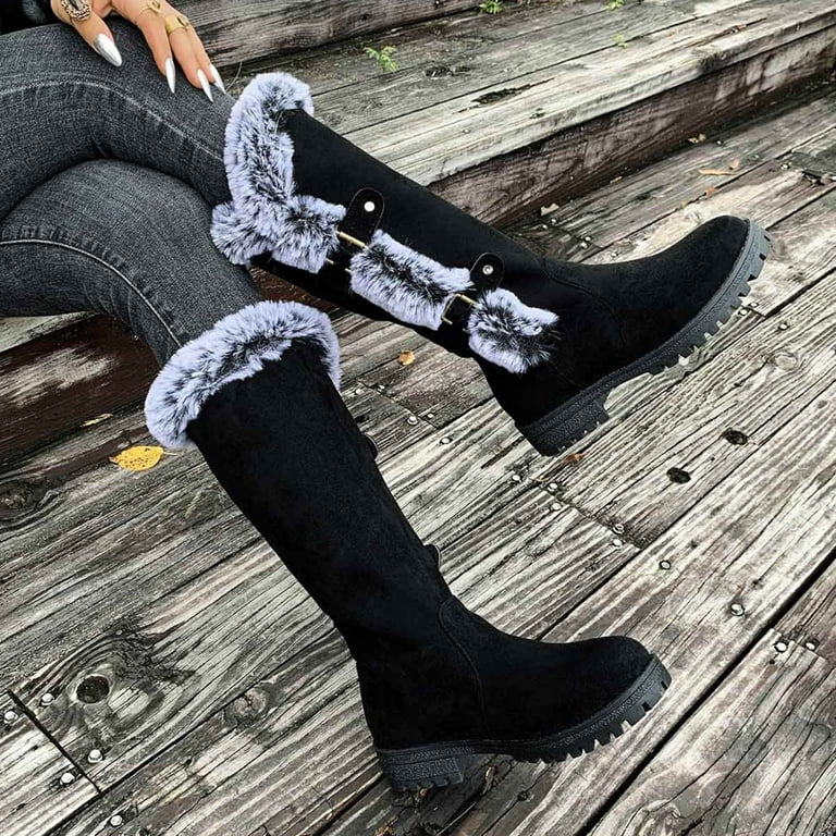 womens dress winter boots Ndbuld Holiday Gift Finder Women's Slip On Ankle Boots Chunky Block Heel Square Toe Splicing Dress Sock Booties Women's Fashion Casual Winter Solid