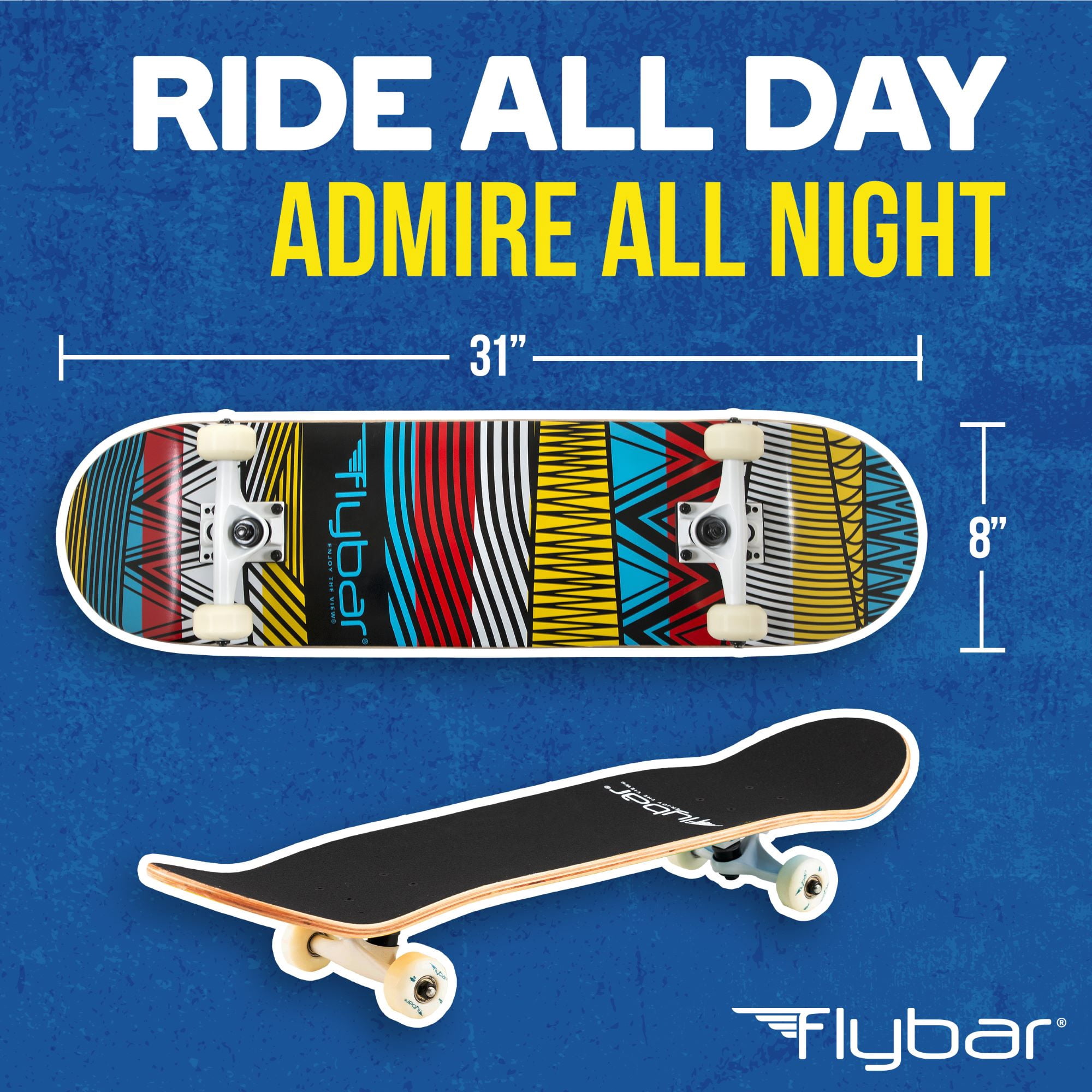 Flybar Skateboards for Beginners, Complete Standard 31 Inch Skateboard, Double Kick, 8" Deck, Lightweight, Aztec