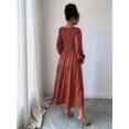 thumbnail image 4 of Fall Wedding Guest Dresses for Women Puff Long Sleeve Smocked Casual Crew Neck Tiered A Line Flowy Long Dress Brown M, 4 of 5