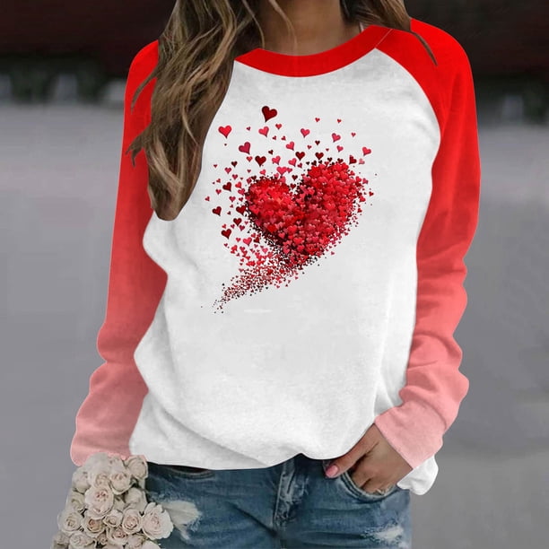 Prendas y chaquetas informales sin capucha de manga larga para mujer, jersey de cuello redondo y manga larga, top informal de poliéster con estampado de San Valentín para mujer