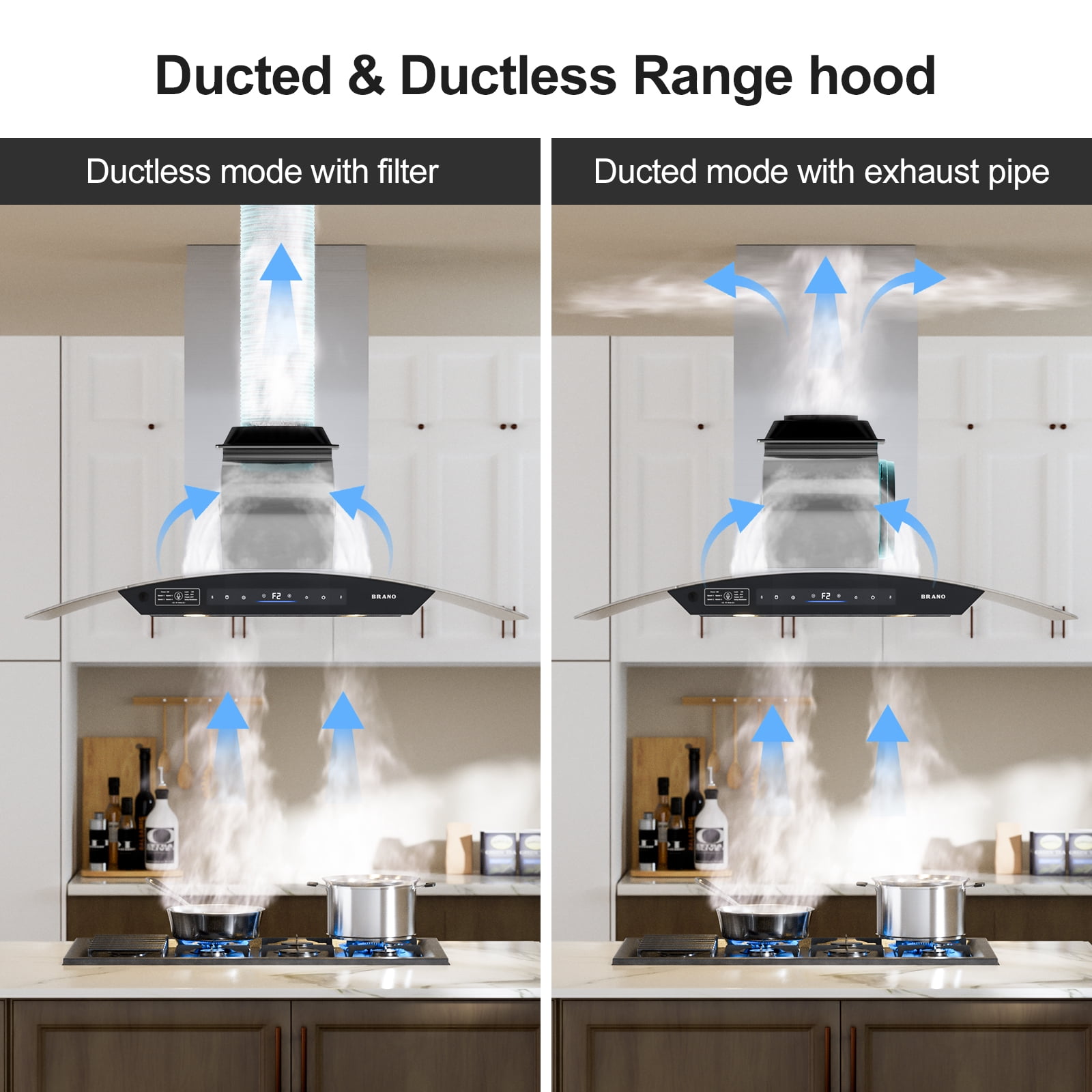 ​ BRANO 36inch Island Range Hood  in Stainless Steel, 900 CFM, Voice/Gesture/Touch Control