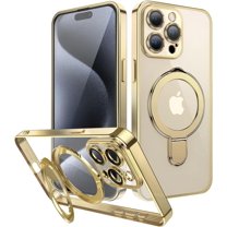 for iPhone 15 Pro Max Case Magsafe with Invisible Magnetic Kickstand Plating 10FT Shockproof Soft Rubber Clear Protective Phone Case (Gold)