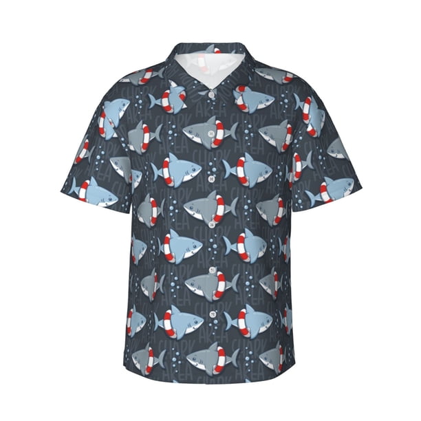 Balery Cute Shark Camisas hawaianas de manga corta para hombre, camisas playeras de corte holgado, camisas de vacaciones con botones,Small