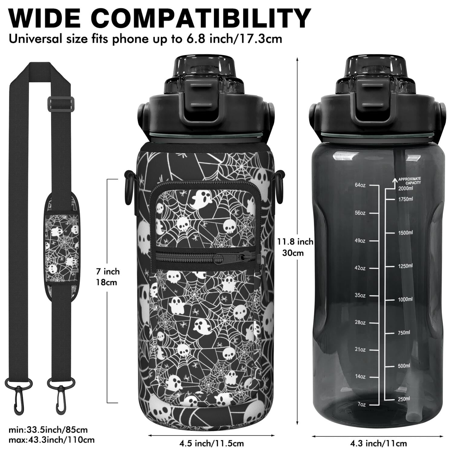 Retro Horror 64oz Water Bottle with Adjustable Sleeve - Scary Skull & Spider Design Fitness Bottle with Straw for Gym & Camping