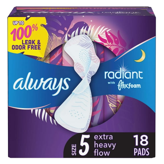 Always Radiant Feminine Pads with Wings, Size 5, Extra Heavy Overnight Absorbency, Scented, 18 Count