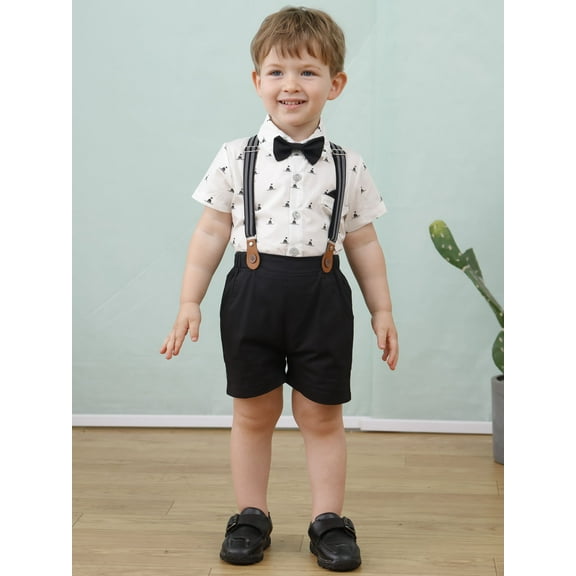 CARETOO Boy Clothes Suit Wedding Toddler Shirt Suspender Trousers Shorts Tie Formal Cotton Fabric