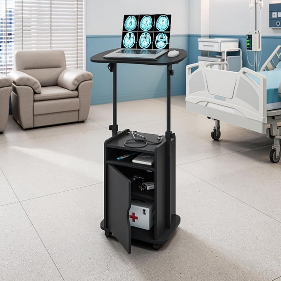 Adjustable Laptop Cart with Storage, Rolling Mobile Workstation Desk with Cabinet, Shelf & Locking Wheels. Height Adjustable Sit to Stand for Home Office, Bedside, or Classroom (Black)