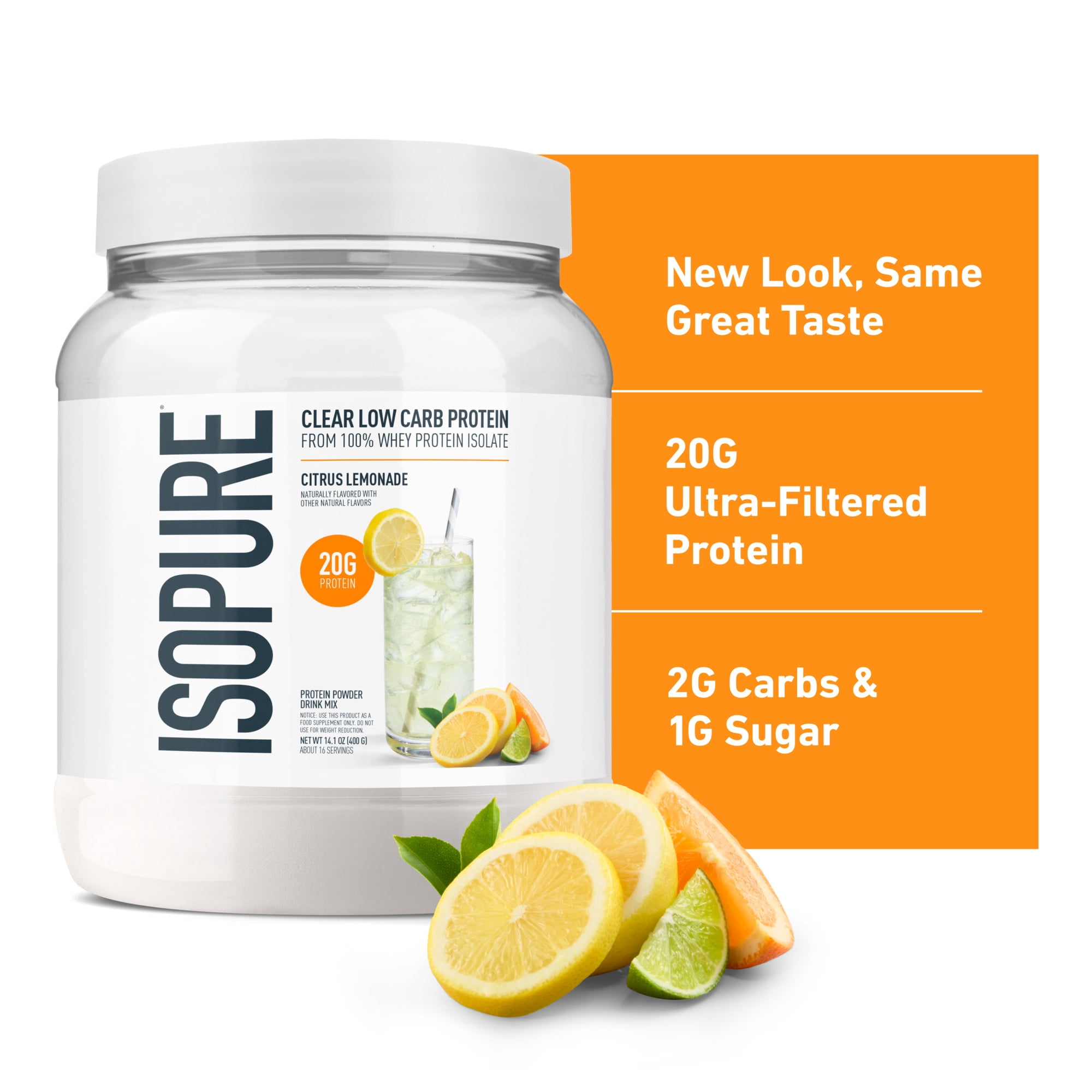 Isopure Clear Low Carb 100% Whey Protein Isolate Powder, Citrus Lemonade, 20g Protein, 14 Servings