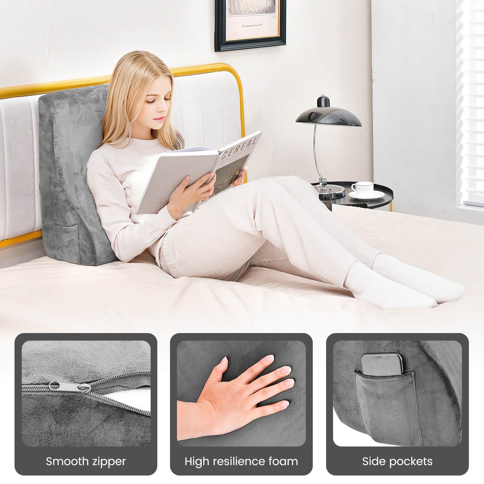 Costway Bed Wedge Pillow with Smooth Zipper Side Pockets Support for Back Grey
