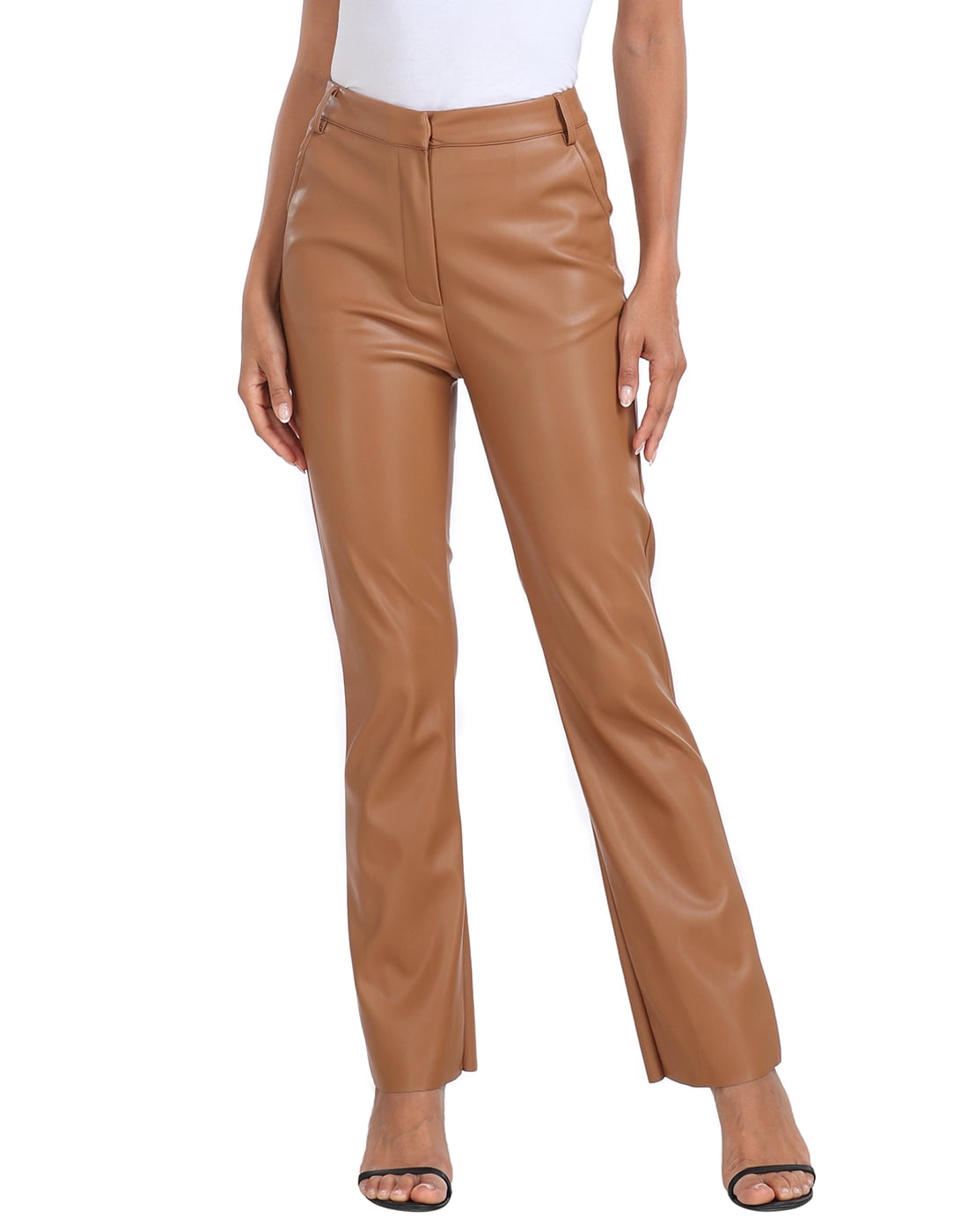 HDE Women's Faux Leather Pants High Waisted Trousers with Pockets Camel