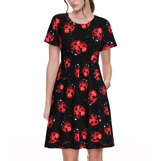 Fotbe Beautiful Red Ladybug Vestido Largo de Moda para Mujer, Vestido Tipo Camiseta con Manga Corta y Estilo Casual a Rayas y Bloques de Color