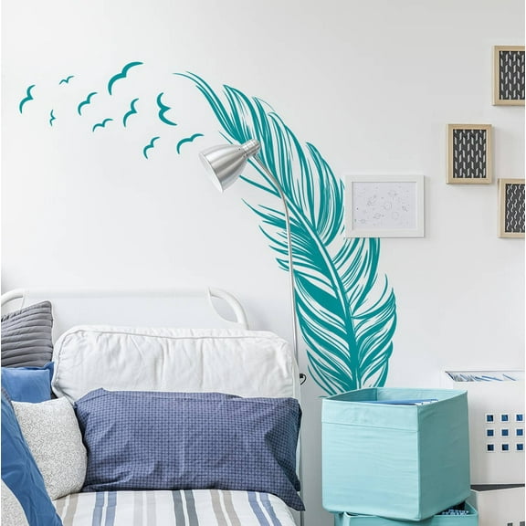 Decal ~ Feather with Birds: Wall Decal Turq 20" x 40"