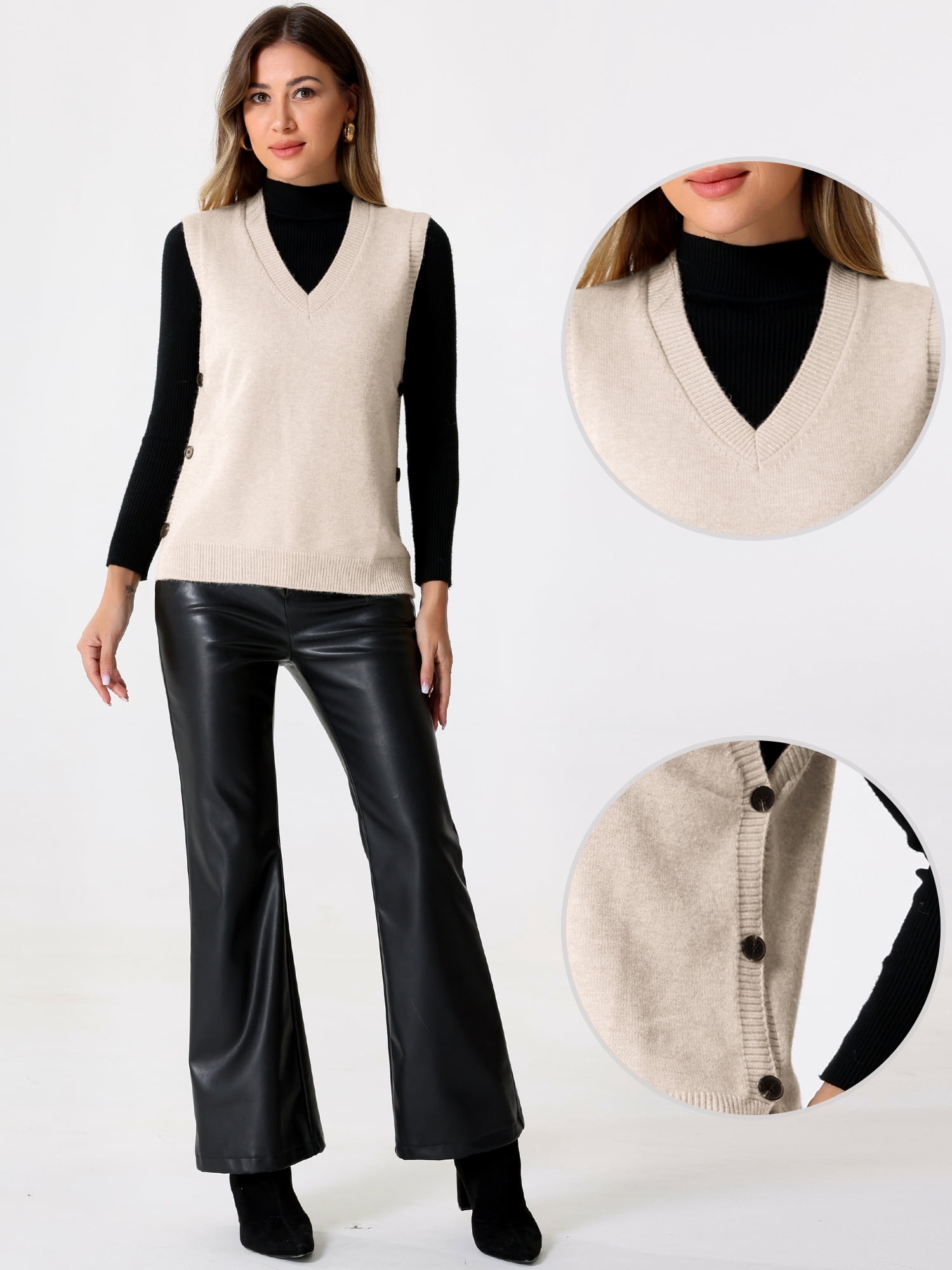 DARING DIVA Knit Sweater Vest Sleeveless V Neck Pullover Vest L Beige