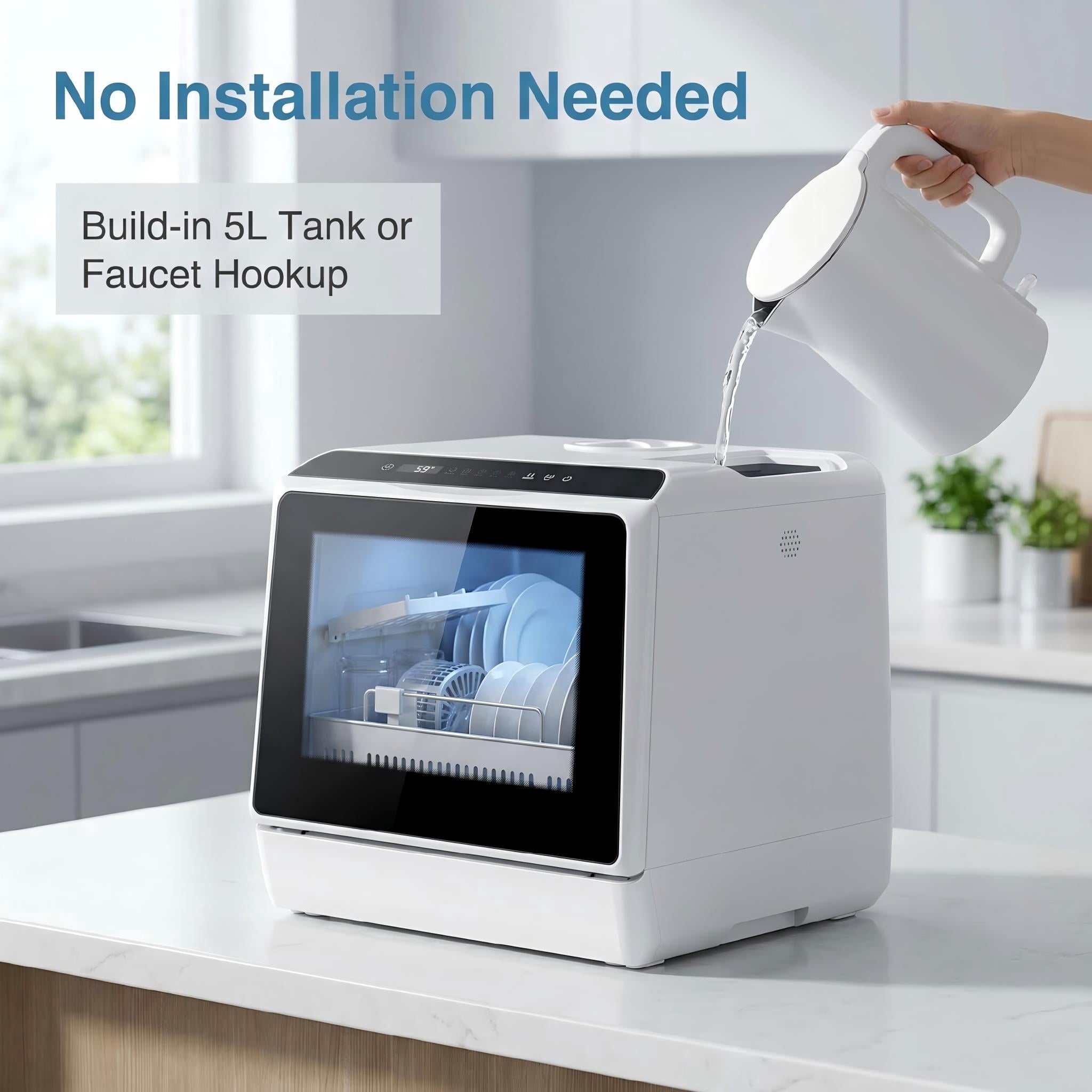 FUNGQI WIFI Smart Portable Countertop Dishwasher with 5L Built-in Water Tank, 4-6 Place Settings Compact Tabletop Washer, 360° Dual Spray, App & Touch Control, 167°F High-Temp Drying