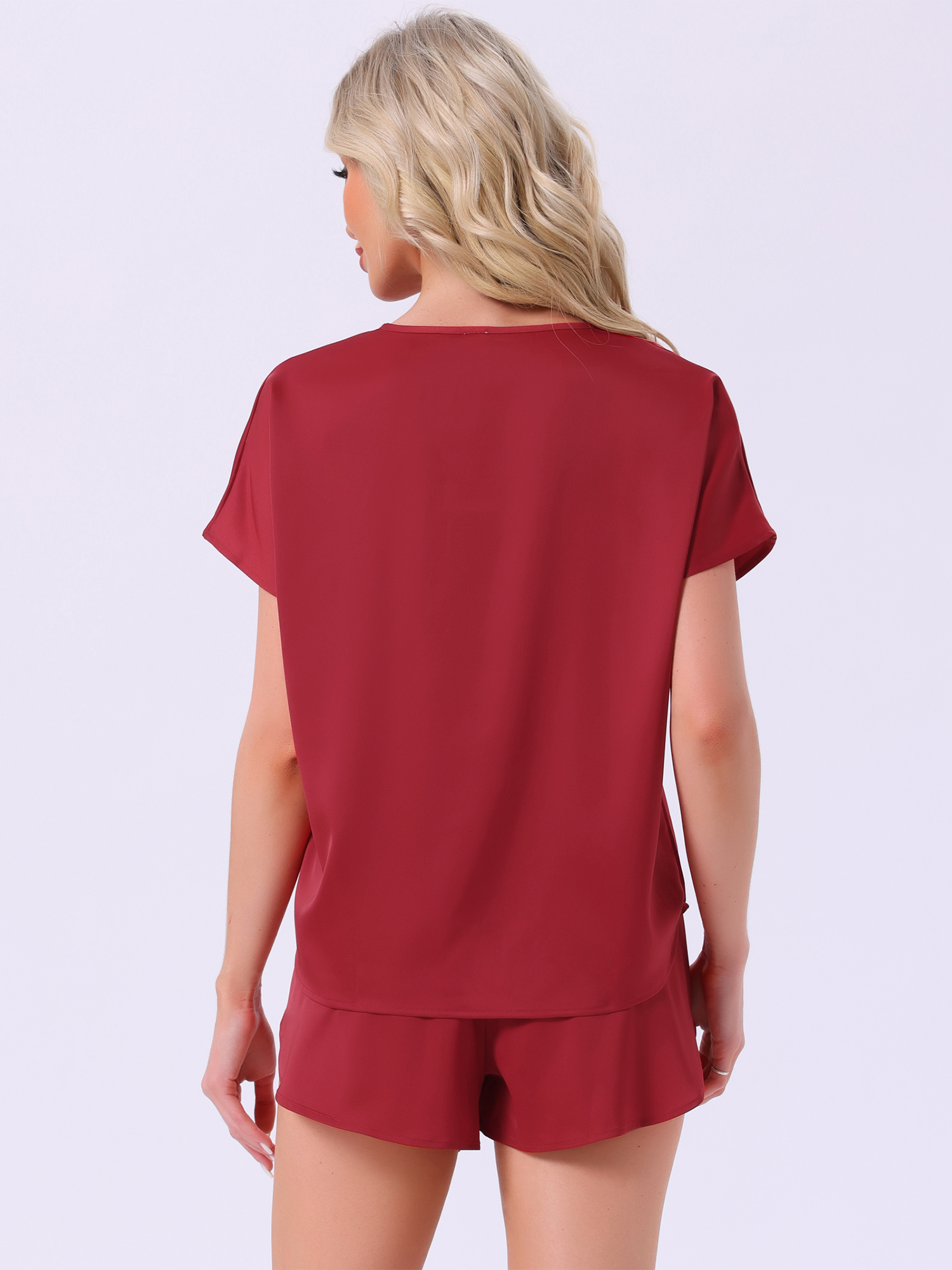DARING DIVA Satin Pajama Short Sleeve Crew Neck Top Set S Dark Red