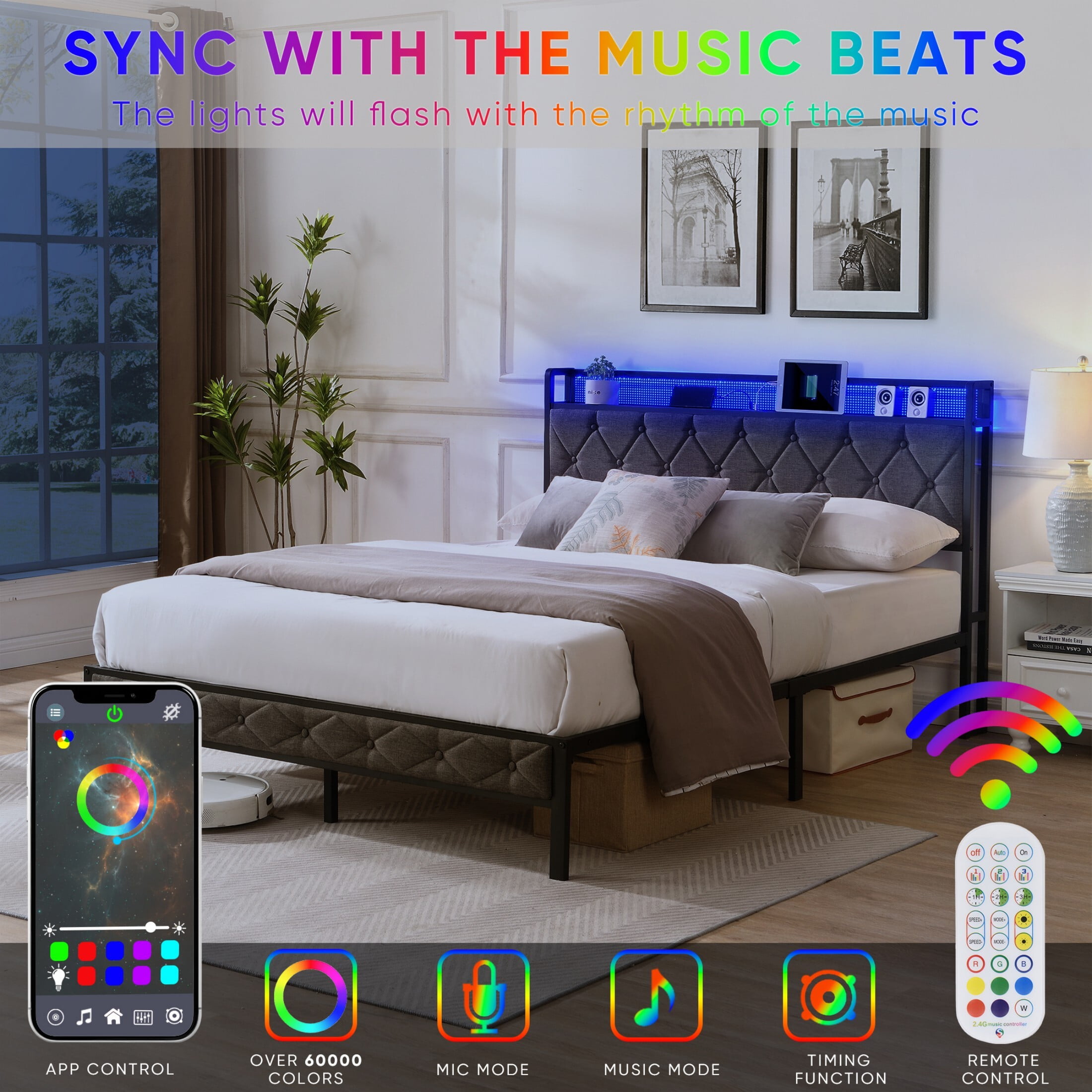AENKYO Full Size Bed Frame Upholstered Backrest Bed with LED Lights, Platform Bed Frame with Charging Station, Dark Gray
