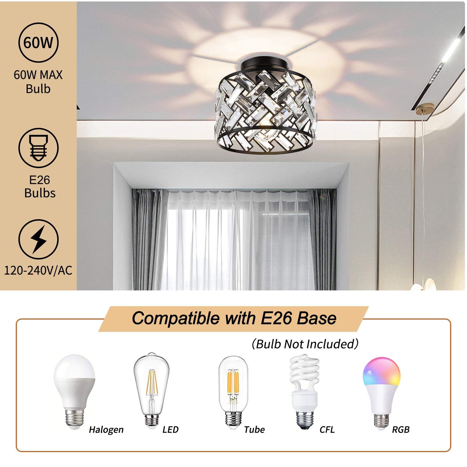FRIDEKO HOME 8.86" Crystal Ceiling Light Fixture, E26 Base, Black Modern Semi Flush Mount Ceiling Light for Hallway, Closet, Foyer, Bathroom (Without Bulb)
