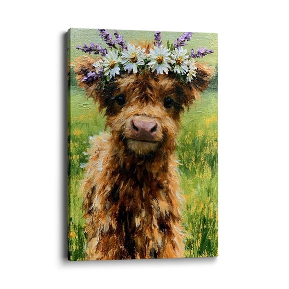 Wallume Store Highland Cow Floral Cute Rustic Canvas Wall Art Gallery Wrapped for Bedroom 12*8 inch