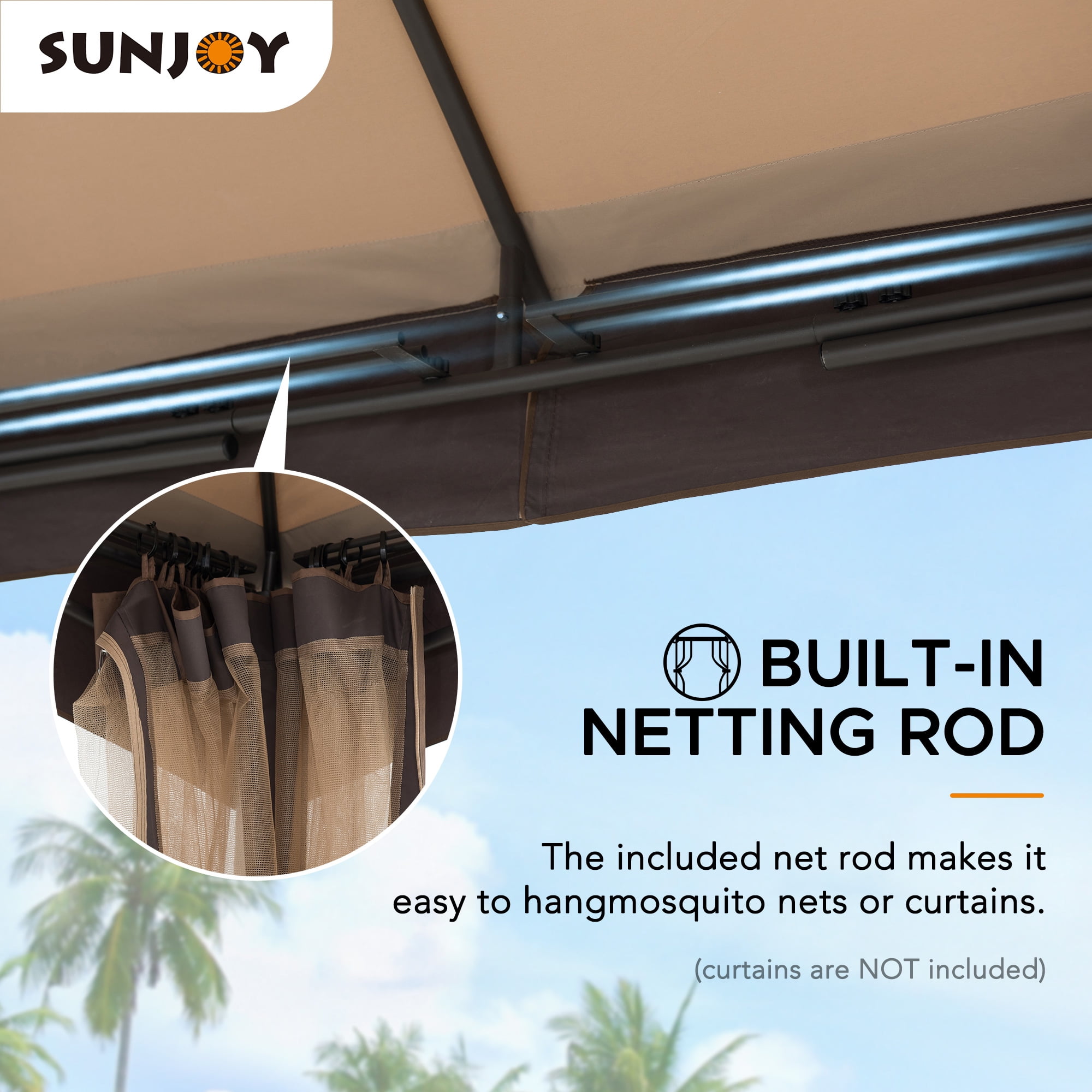 Sunjoy 10 ft. x 12 ft. Outdoor Soft Top Gazebo Beige with Mosquito Netting, Brown 2-tier Steel Gazebo For Backyard,Garden