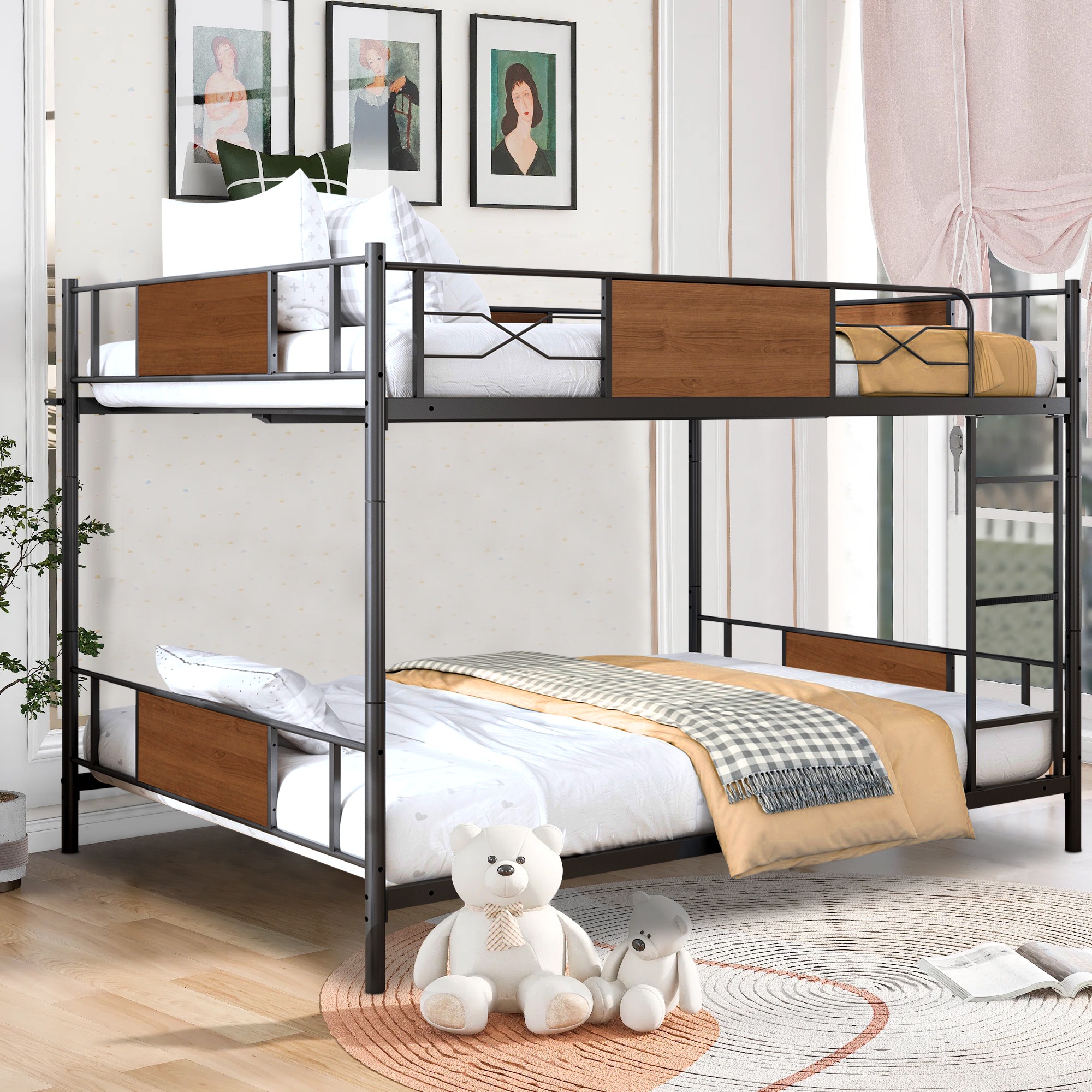 Full Over Full Bunk Beds with LED Lights and Charging Station, UHOMEPRO Metal Bunk Beds for Kids, Low Convertible Bunkbeds Full Size and No Box Spring Needed, Load-Bearing 500lb