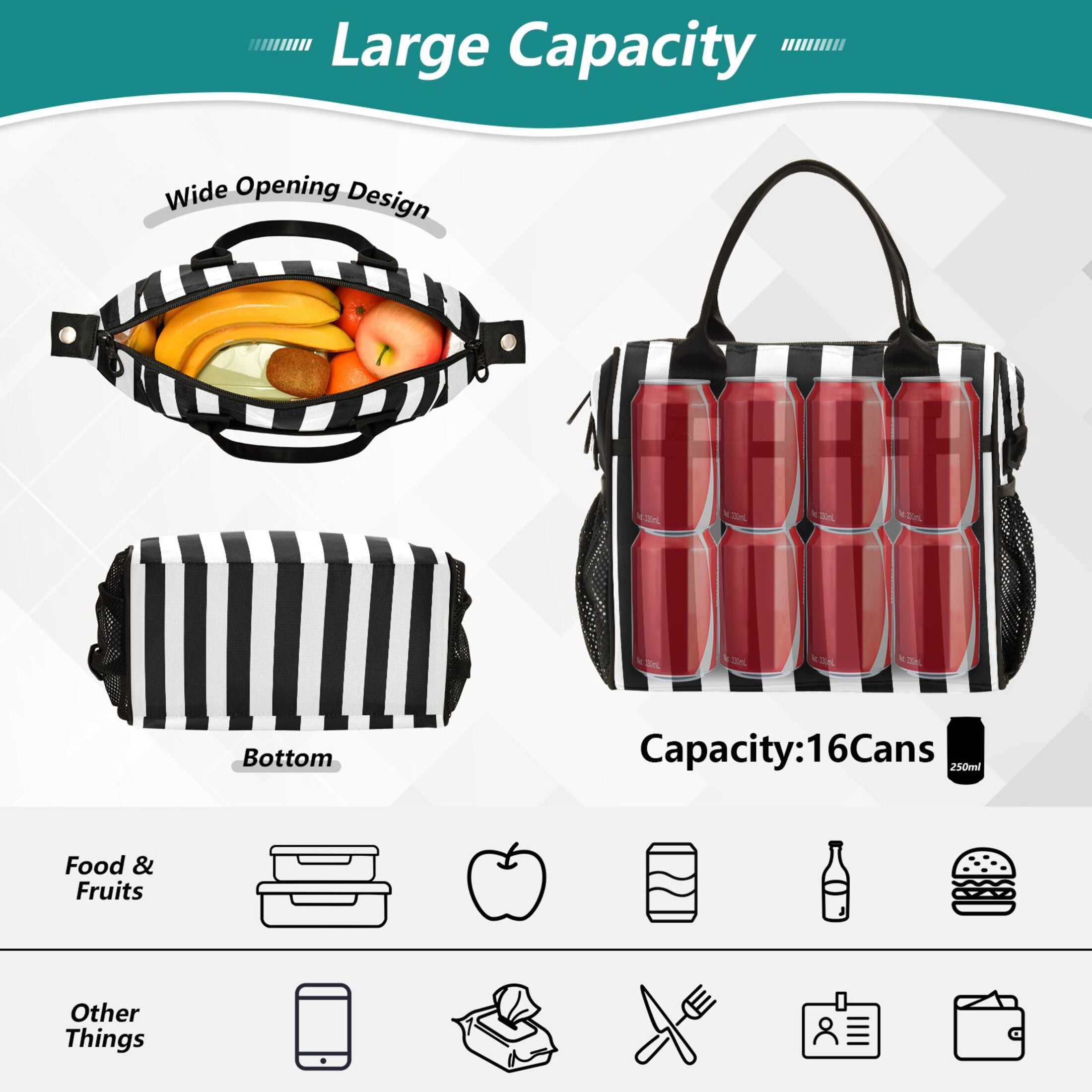 Lunch Bag Insulated Lunch Box Leakproof Reusable Cooler Tote Adjustable Shoulder Strap for Men Women Black and White Striped 12L