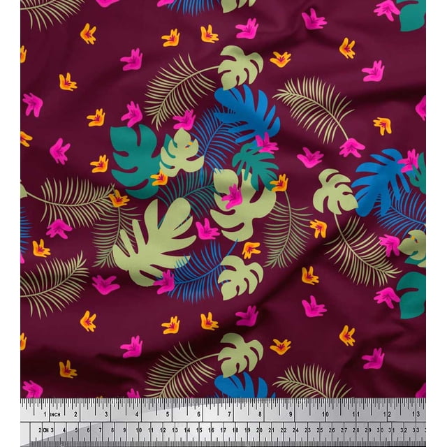 Soimoi Purple Poly Georgette Fabric Floral & Leaves Tropical Print Fabric by the Yard 42 Inch Wide